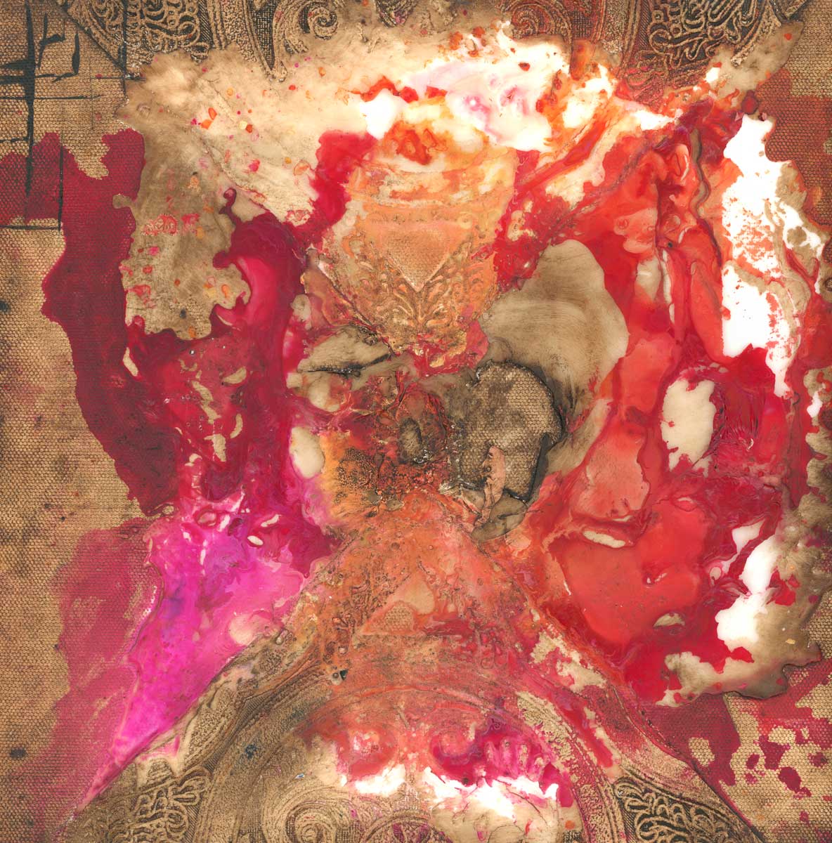 A gold, red and pink abstract print by Tony Iadicicco.