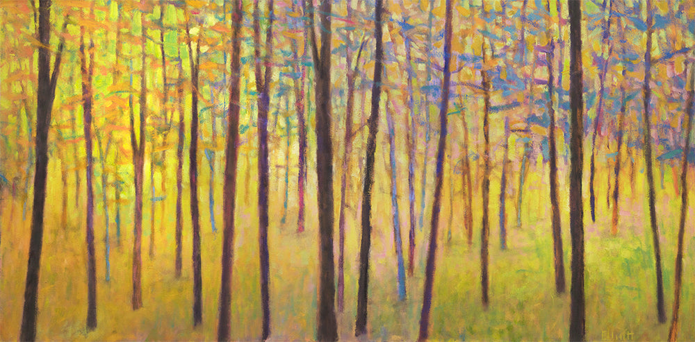 A yellow tree abstract landscape with blue, pink, purple and brown accents.