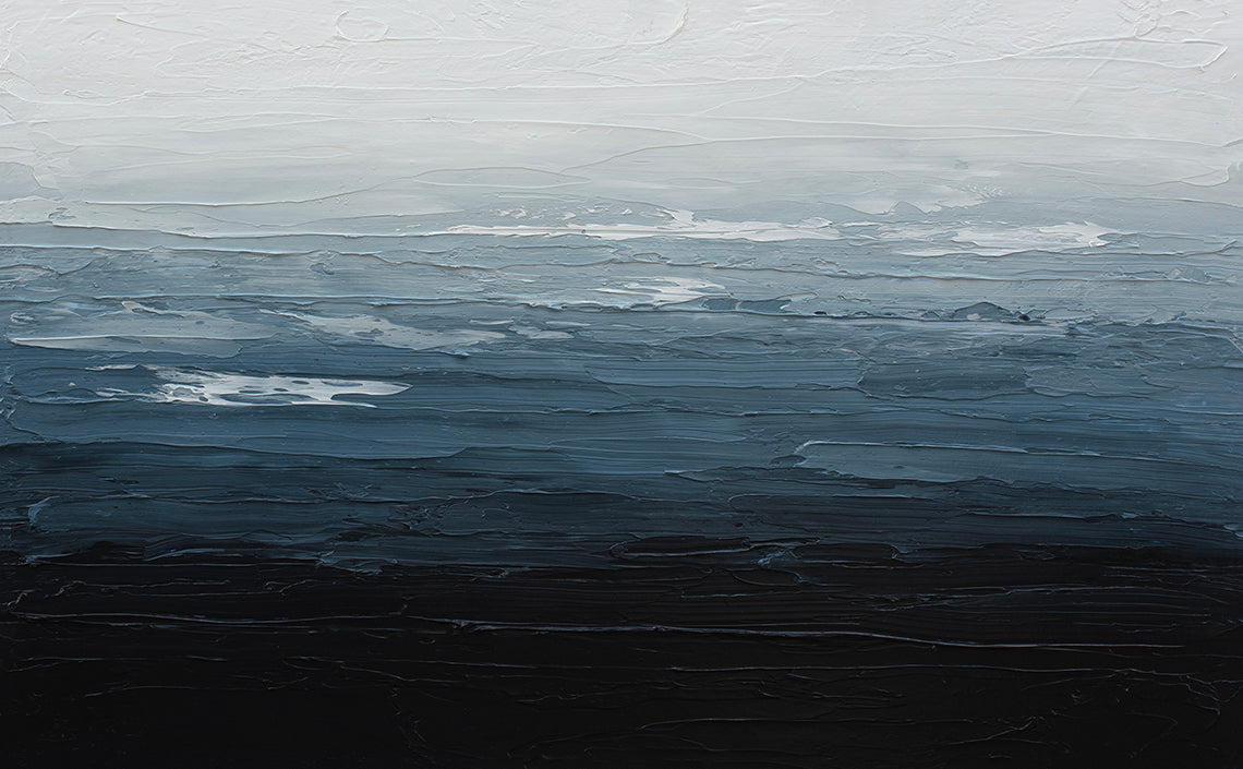 A blue, white and navy textured abstract painting by Teodora Guererra.