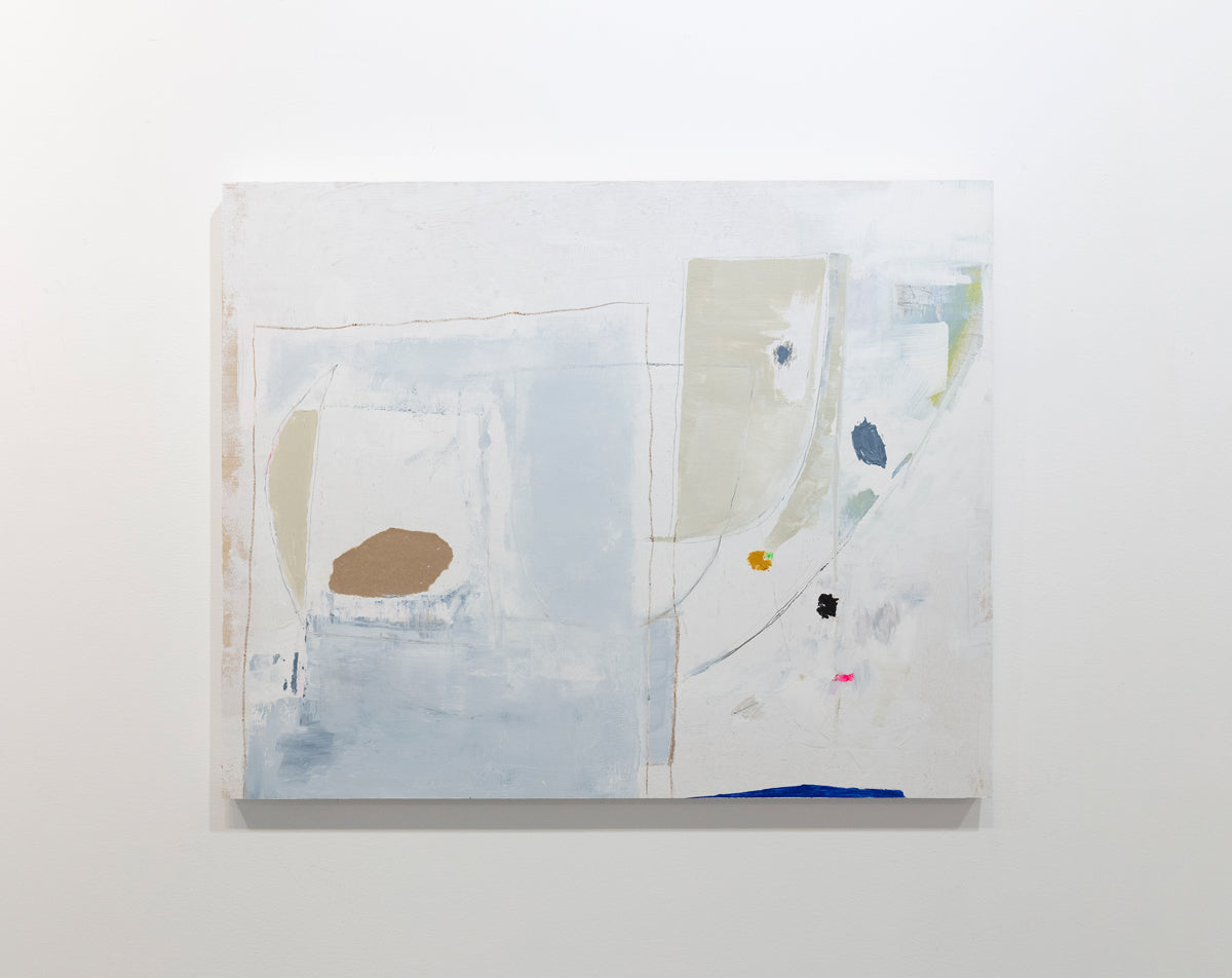 A white abstract painting with lines and multi-colored patches of paint is hung on a gallery wall. Wired and ready to hang.