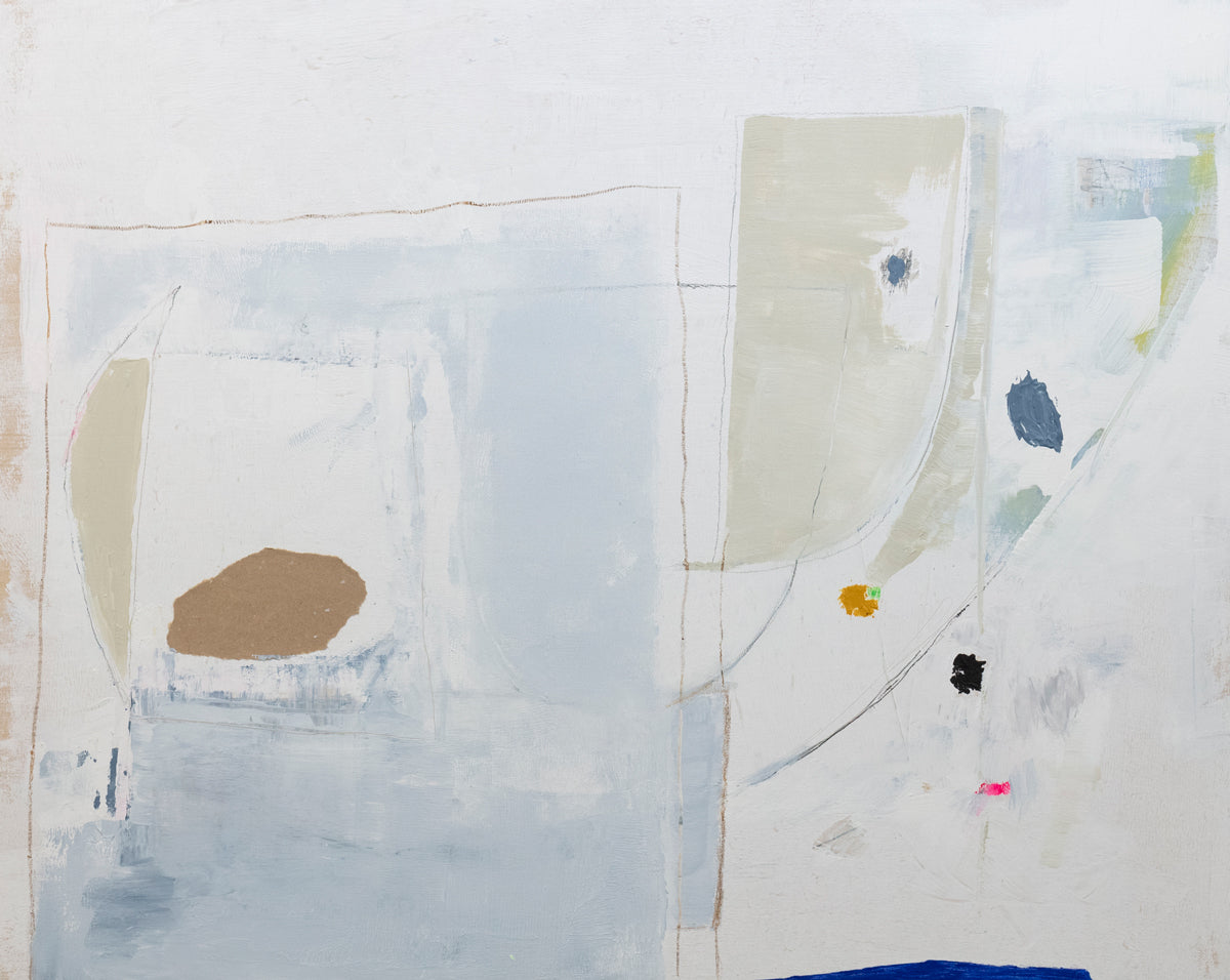 A white abstract painting with lines and multi-colored patches of paint. Wired and ready to hang.