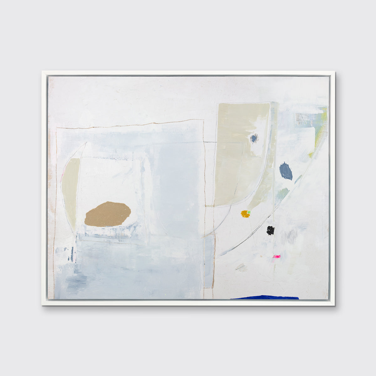 A white, blue, beige and light green abstract print in a white floater frame hangs on a white wall.