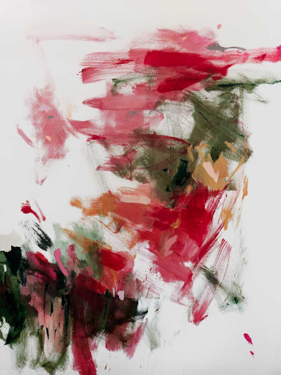 A red, green and white abstract print by Kelly Rossetti with pink and orange accents.