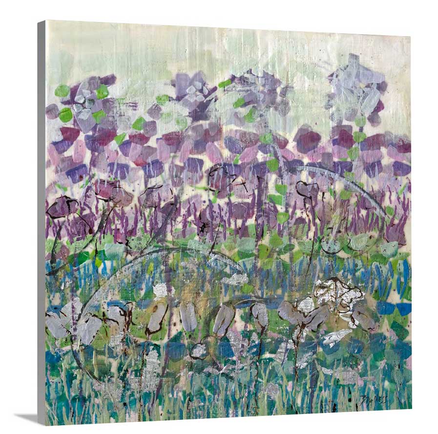 A side-angle view of a purple, green and blue abstract floral print on canvas.