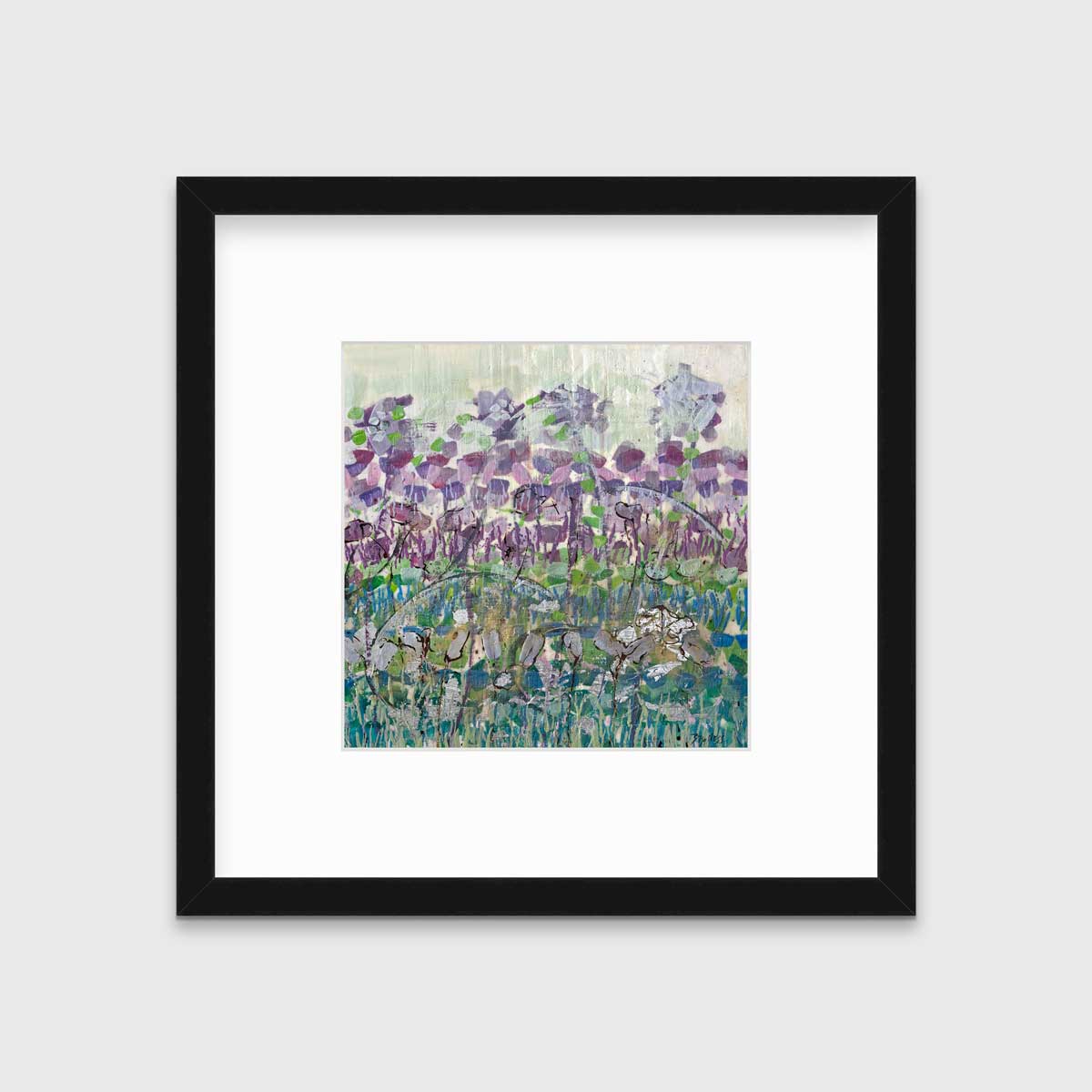A purple, blue and green abstract floral print in a black frame with a mat hangs on a white wall.