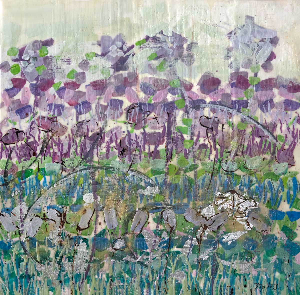 A purple, green and blue abstract floral print by Linda Bigness.