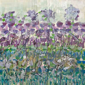 An abstract, encaustic floral painting of purple irises by Linda Bigness.