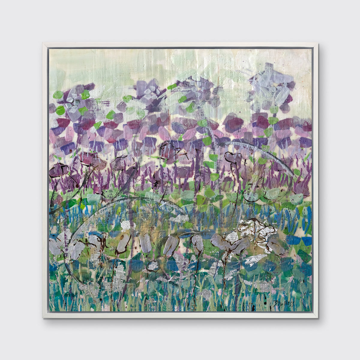 A purple, blue and green abstract floral print in a white floater frame hangs on a white wall.