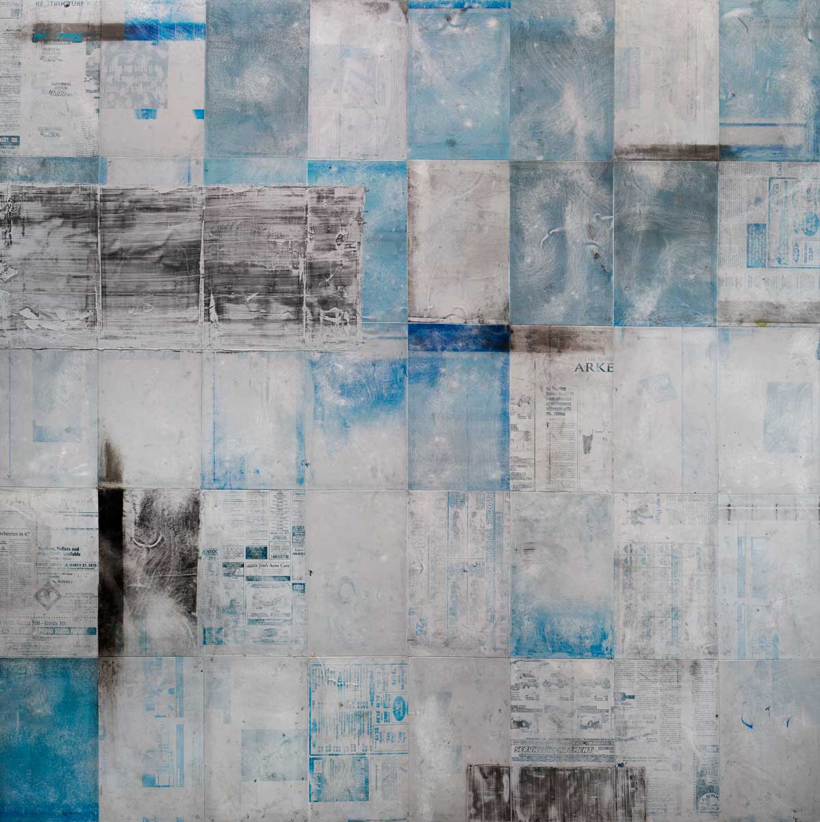 A blue, grey and black abstract print by Ned Martin.