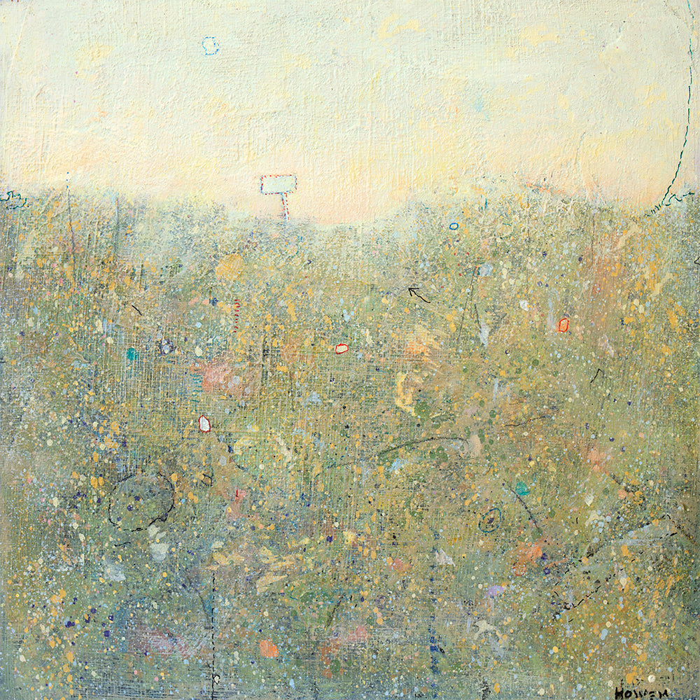 A yellow-green abstract landscape with multicolored accents. 