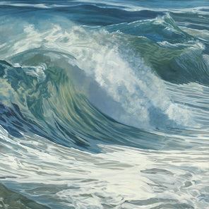 A vertical painting by John Harris, of an ocean wave crashing. 