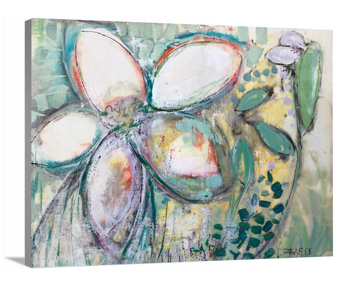A side-angle view of an abstract floral print on canvas.