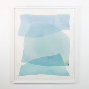 A watercolor painting of blue and turquoise stacked forms painted by Nealy Hauschildt is seen hung on a gallery wall.