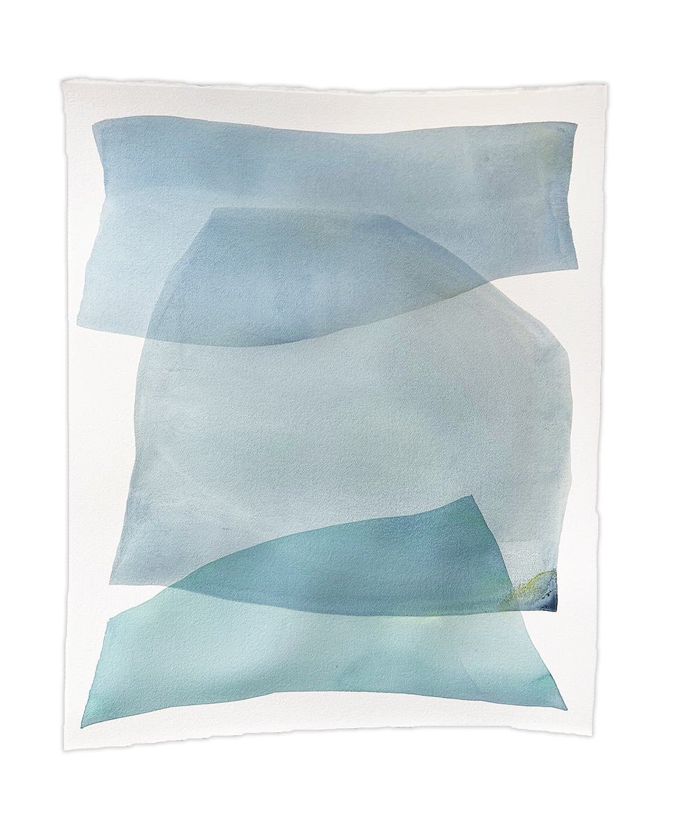 A watercolor painting of blue and turquoise stacked forms painted by Nealy Hauschildt. Wired and ready to hang.