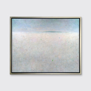 A light blue and white abstract landscape print in a silver floater frame hangs on a white wall.
