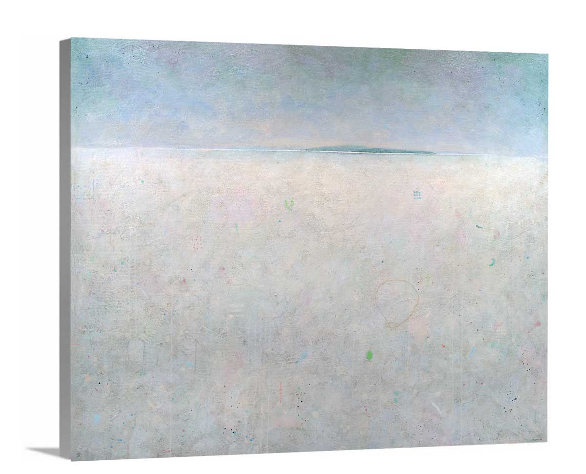 A side-angle view of a blue and white abstract landscape print on canvas.