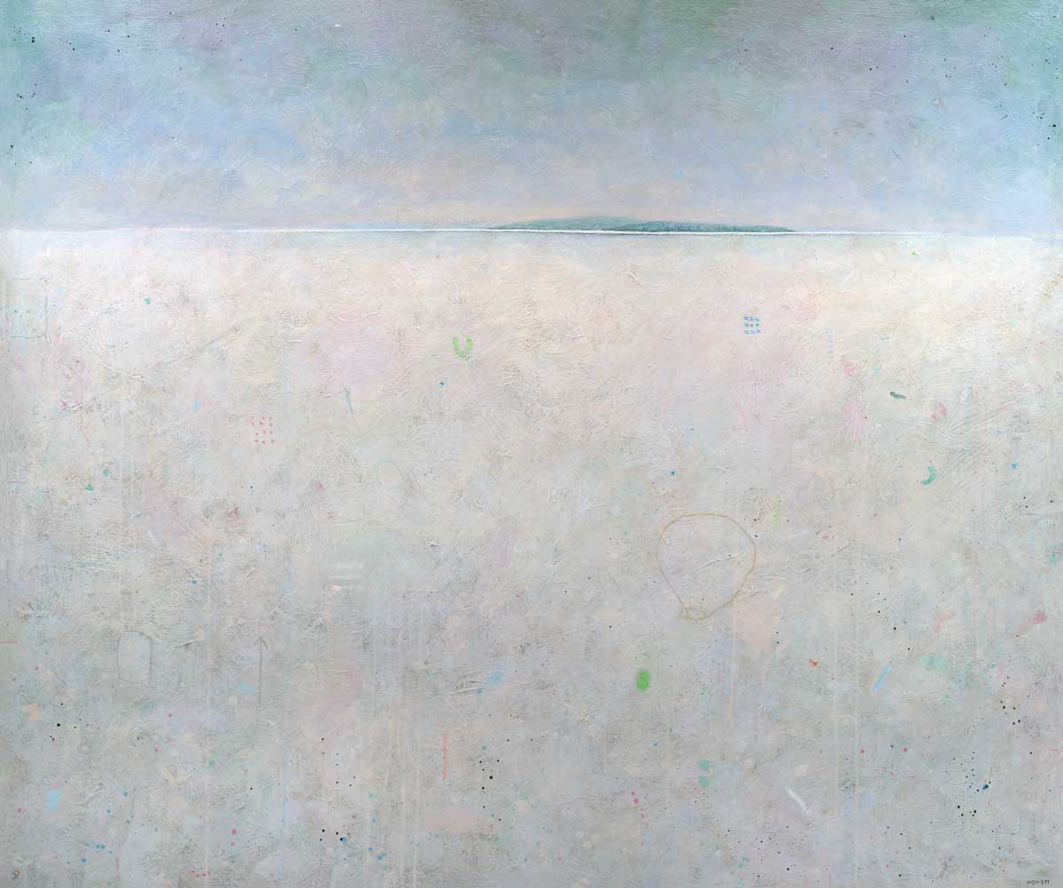 A light blue and white abstract landscape print by Elwood Howell with multicolored accents.