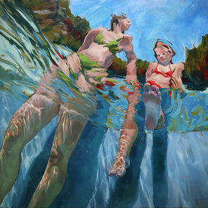A blue, green, red and beige abstract figural painting of two girls in water by Michele Poirier-Mozzone.