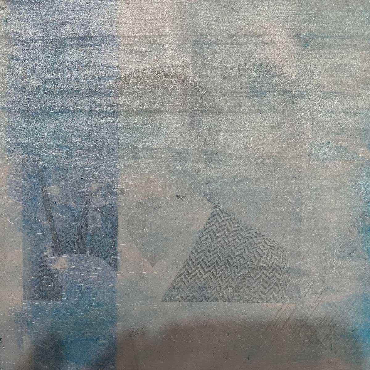 A close up detail image of the aluminum sheet from an abstract painting by Ned Martin. 