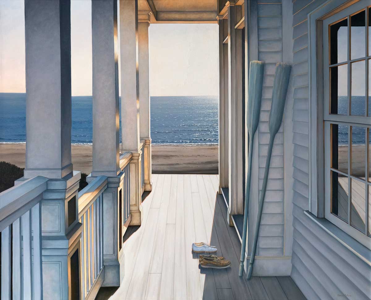 A painting of a sunlit porch of a beach house with detail of the house siding and the columns with railings. The is a set of oars resting on the house with two pairs of shoes next to them. The background is of a cloudless blue sky above a calm body of water leading toward the dark beige beach.