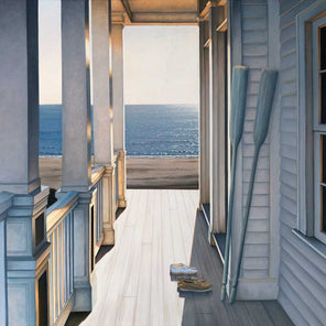 A painting of a sunlit porch of a beach house with detail of the house siding and the columns with railings. The is a set of oars resting on the house with two pairs of shoes next to them. The background is of a cloudless blue sky above a calm body of water leading toward the dark beige beach.