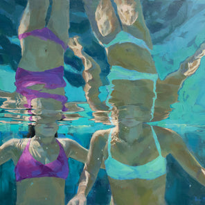 An abstract figurative painting by Michele Poirier-Mozzone, which shows to girls submerged in water from a viewpoint beneath the surface of the water. 
