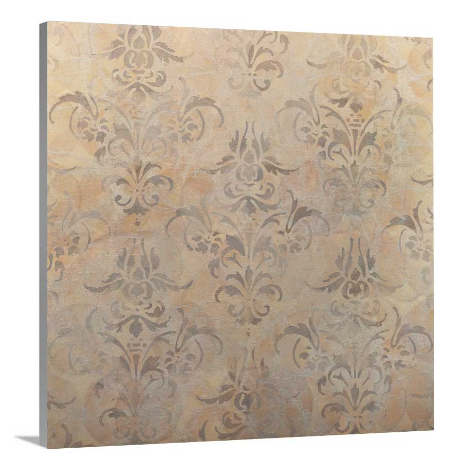 A side-angle view of a light gold and silver abstract print on canvas.