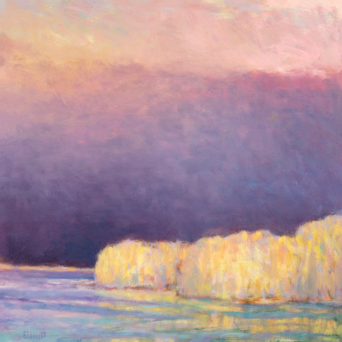 A violet, pink, yellow and light blue abstract landscape print by Ken Elliott.