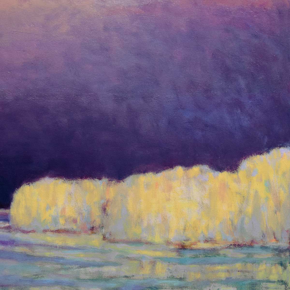 A close up of the yellow trees sitting along the lakeside with sunlight reflecting on the water in Ken Elliott's painting.