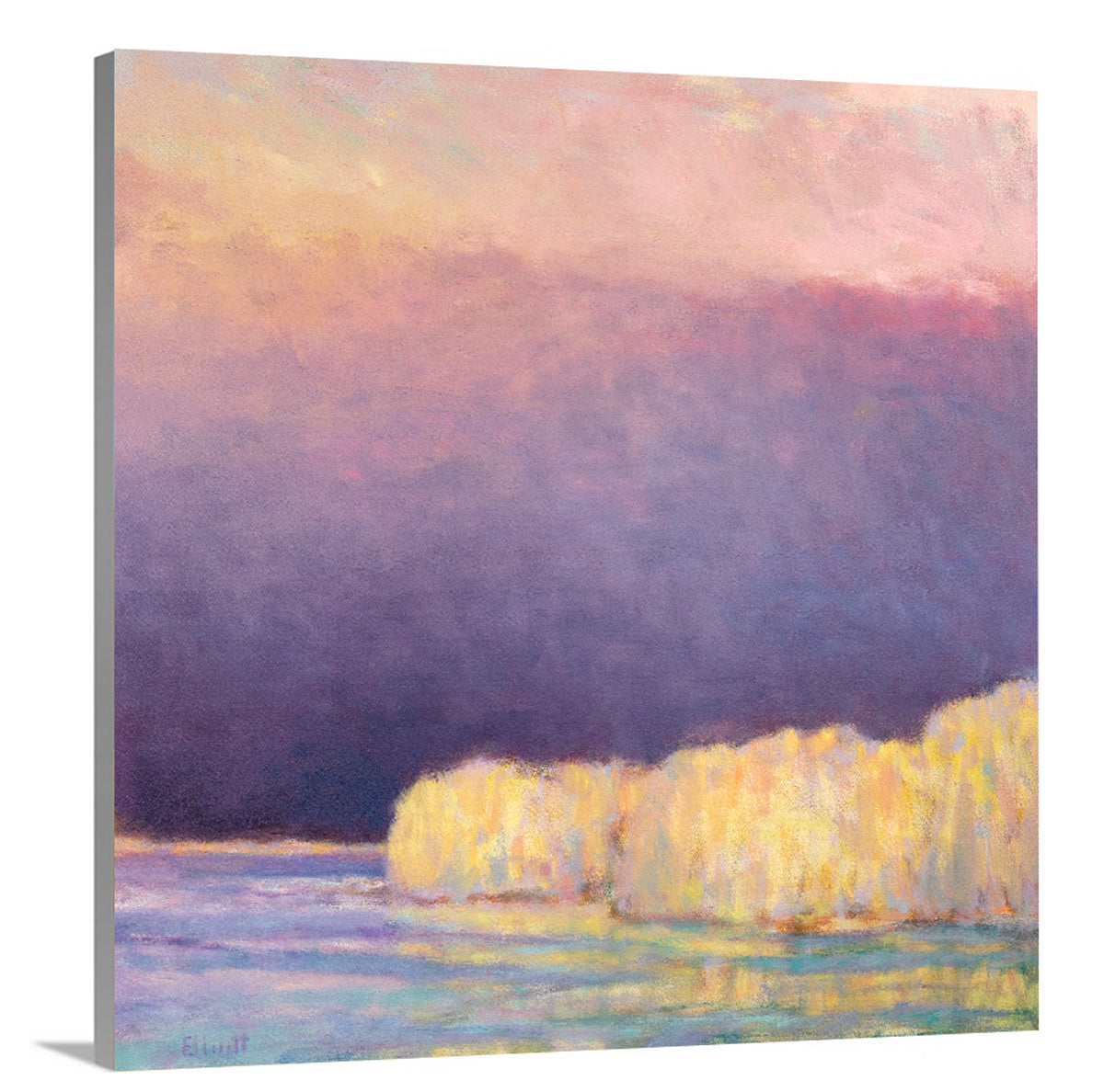 A side-angle view of a violet, pink, yellow and light blue abstract landscape print on canvas.
