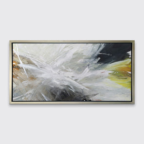A white, black, grey and gold abstract print in a silver floater frame hangs on a white wall.