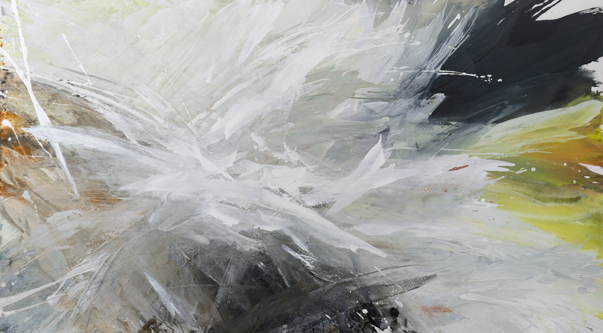 A white, black, grey and gold abstract print by Teodora Guererra.