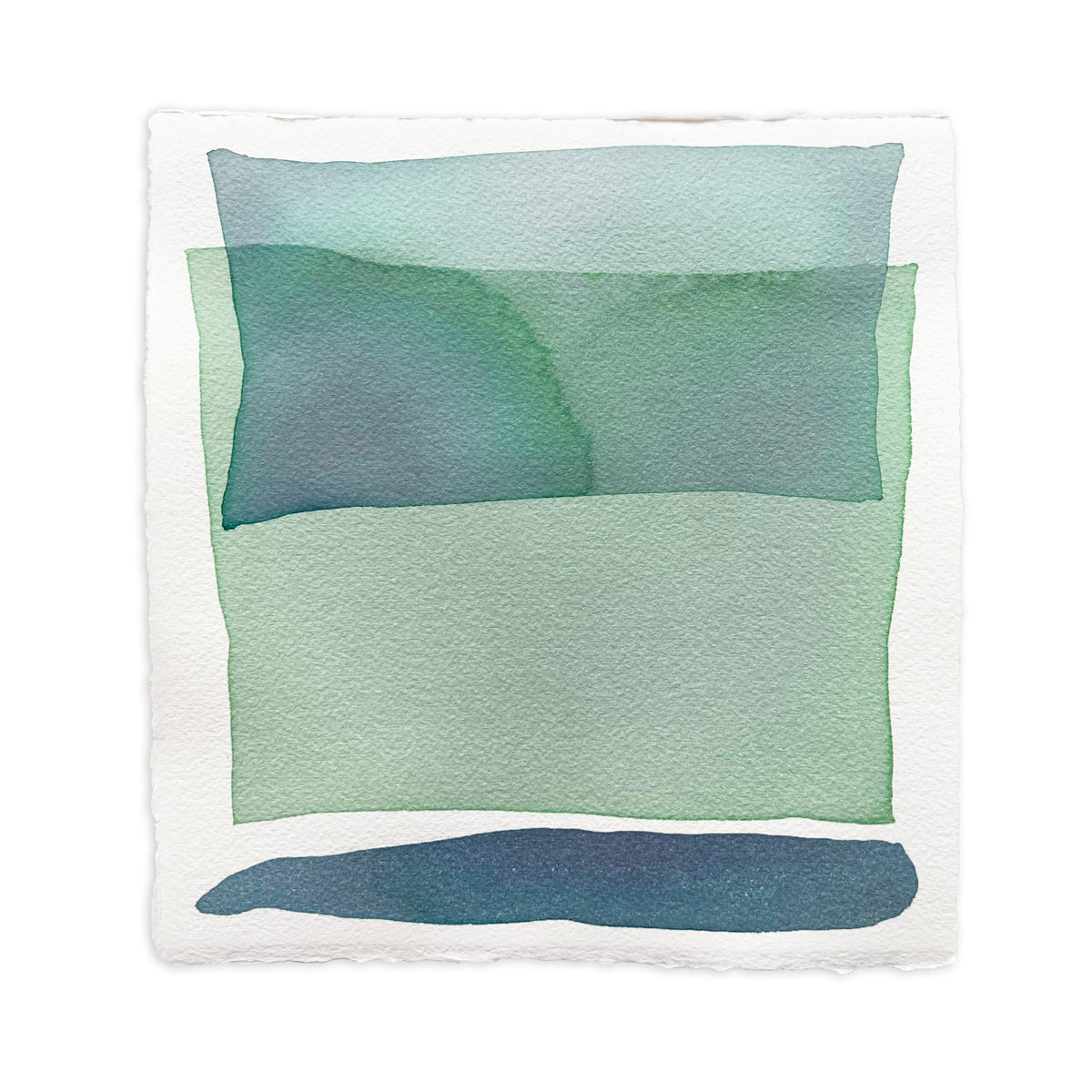 Blue and green shapes overlap in this painting by Nealy Hauschildt.