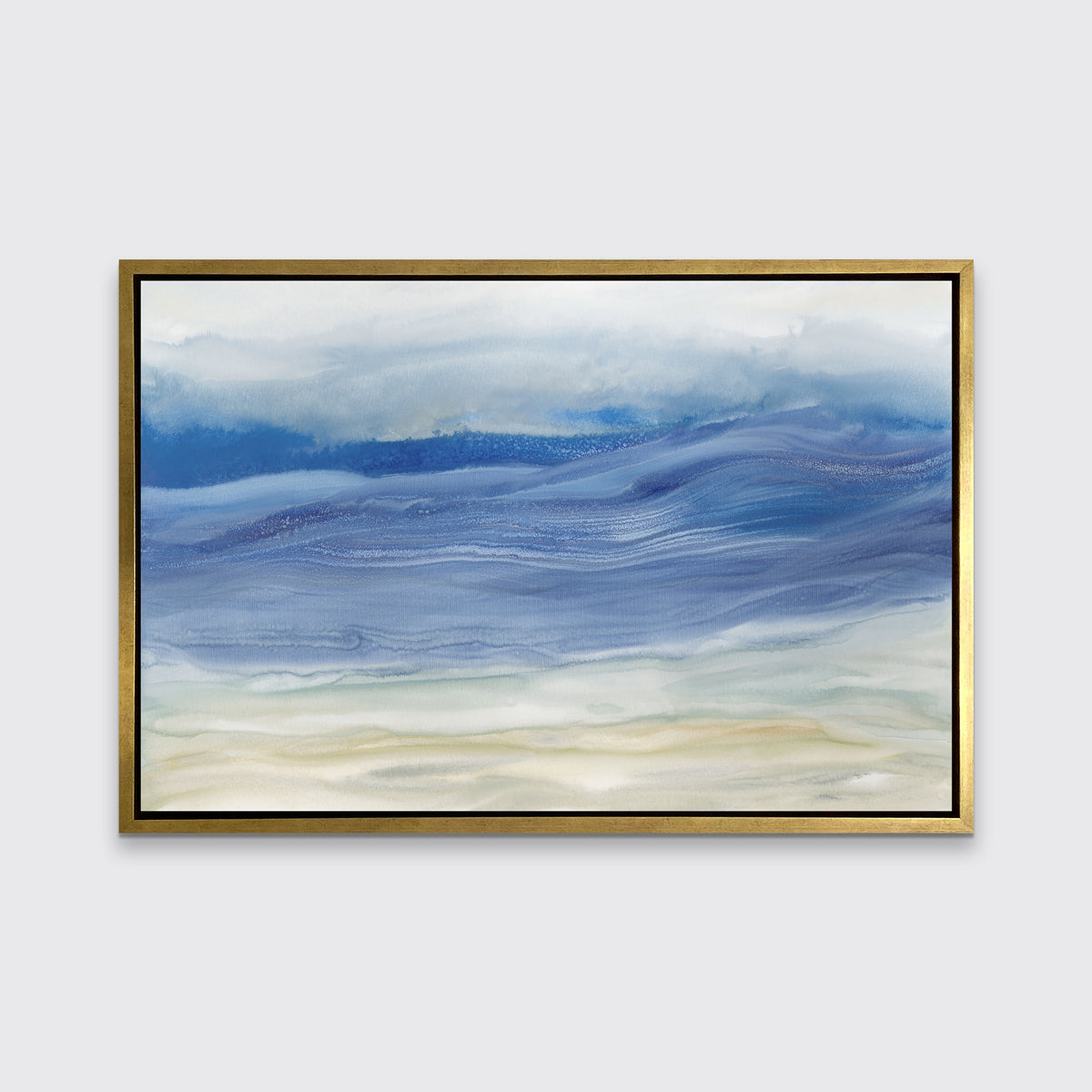 A blue, white and beige abstract print in a gold floater frame hangs on a white wall.
