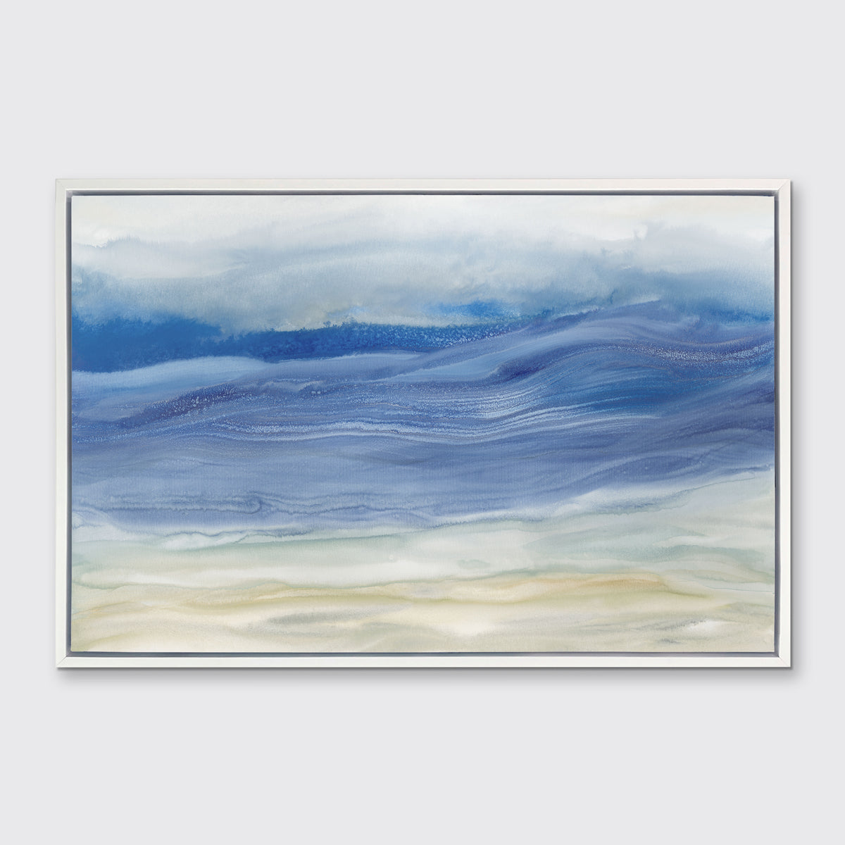 A blue, white and beige abstract print in a white floater frame hangs on a white wall.