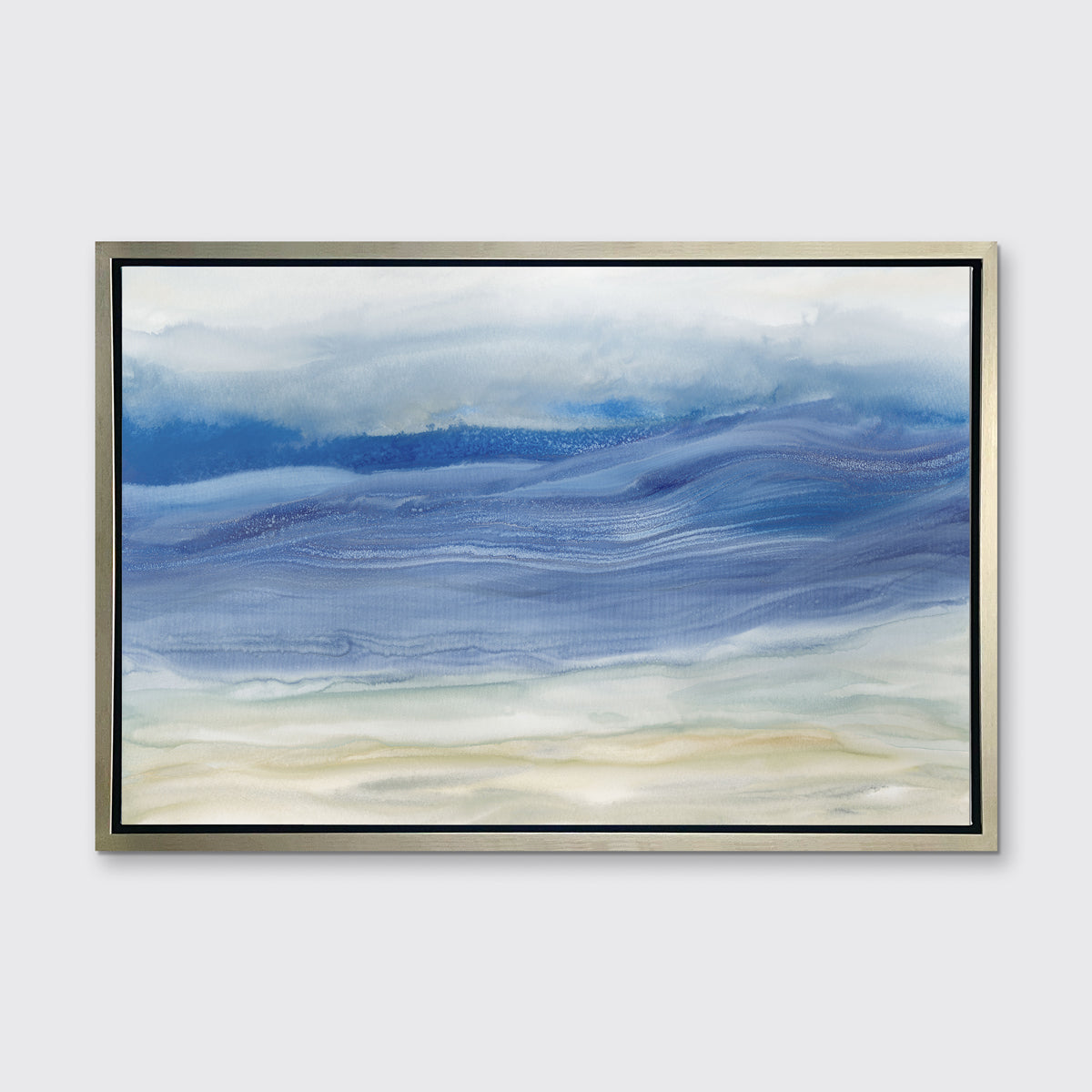 A blue, white and beige abstract print in a silver floater frame hangs on a white wall.