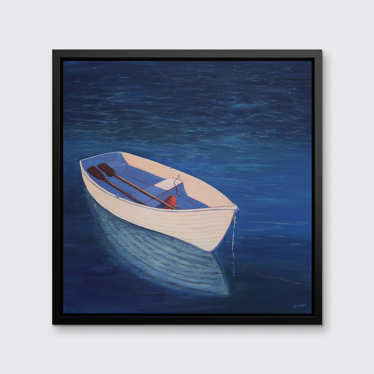 A blue, beige and lavender contemporary coastal print of a boat wading in the water in a black floater frame hangs on a white wall.