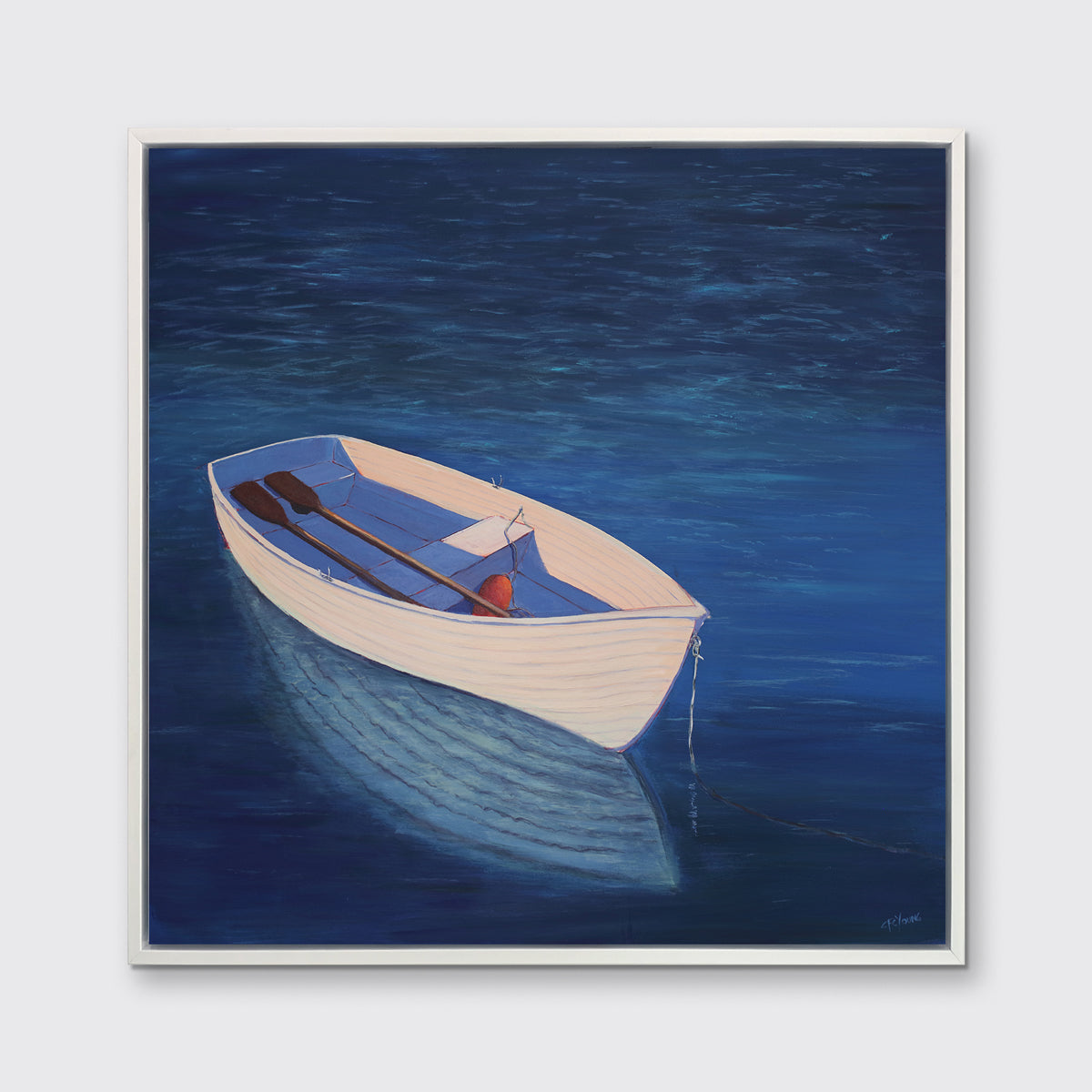 A blue, beige and lavender contemporary coastal print of a boat wading in the water in a white floater frame hangs on a white wall.