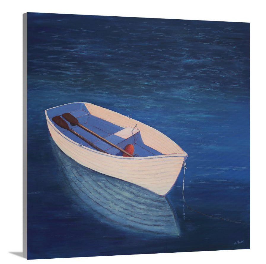 A side-angle view of a blue, beige and lavender contemporary coastal print of a boat wading in the water on canvas.