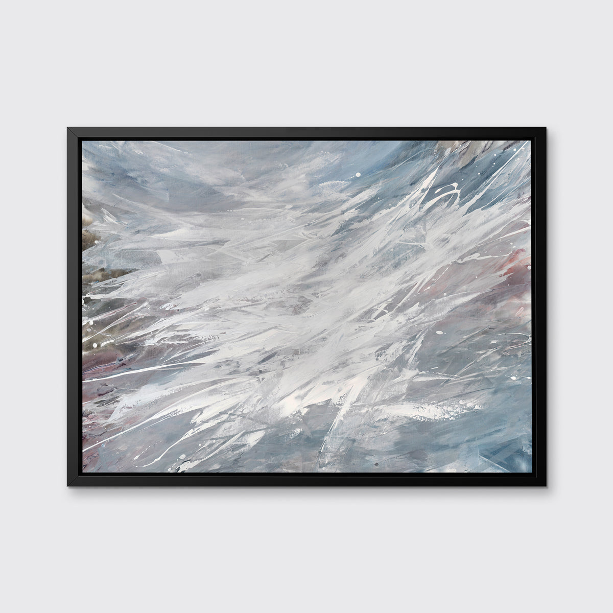 A grey, white and blue abstract print in a black floater frame hangs on a white wall.