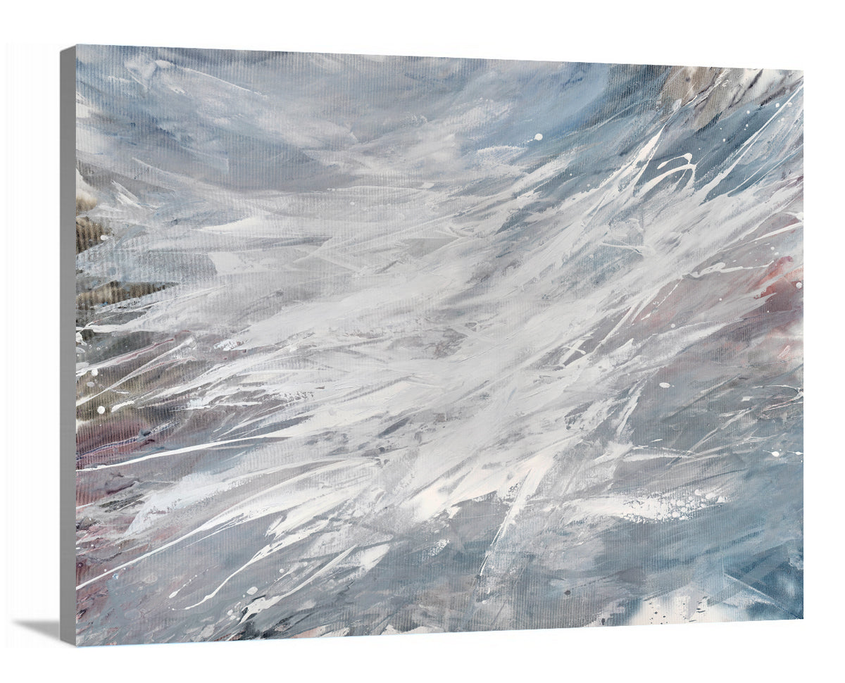 A side-angle view of a grey, white and blue abstract print on canvas.