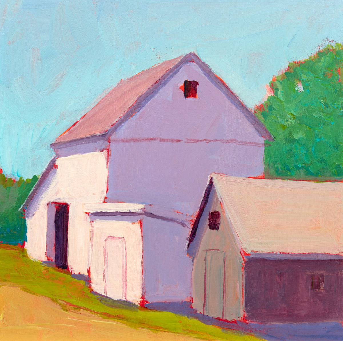 A print of a ivory barn, a smaller tan barn, a blue sky, green trees and a tan road by Carol Young.