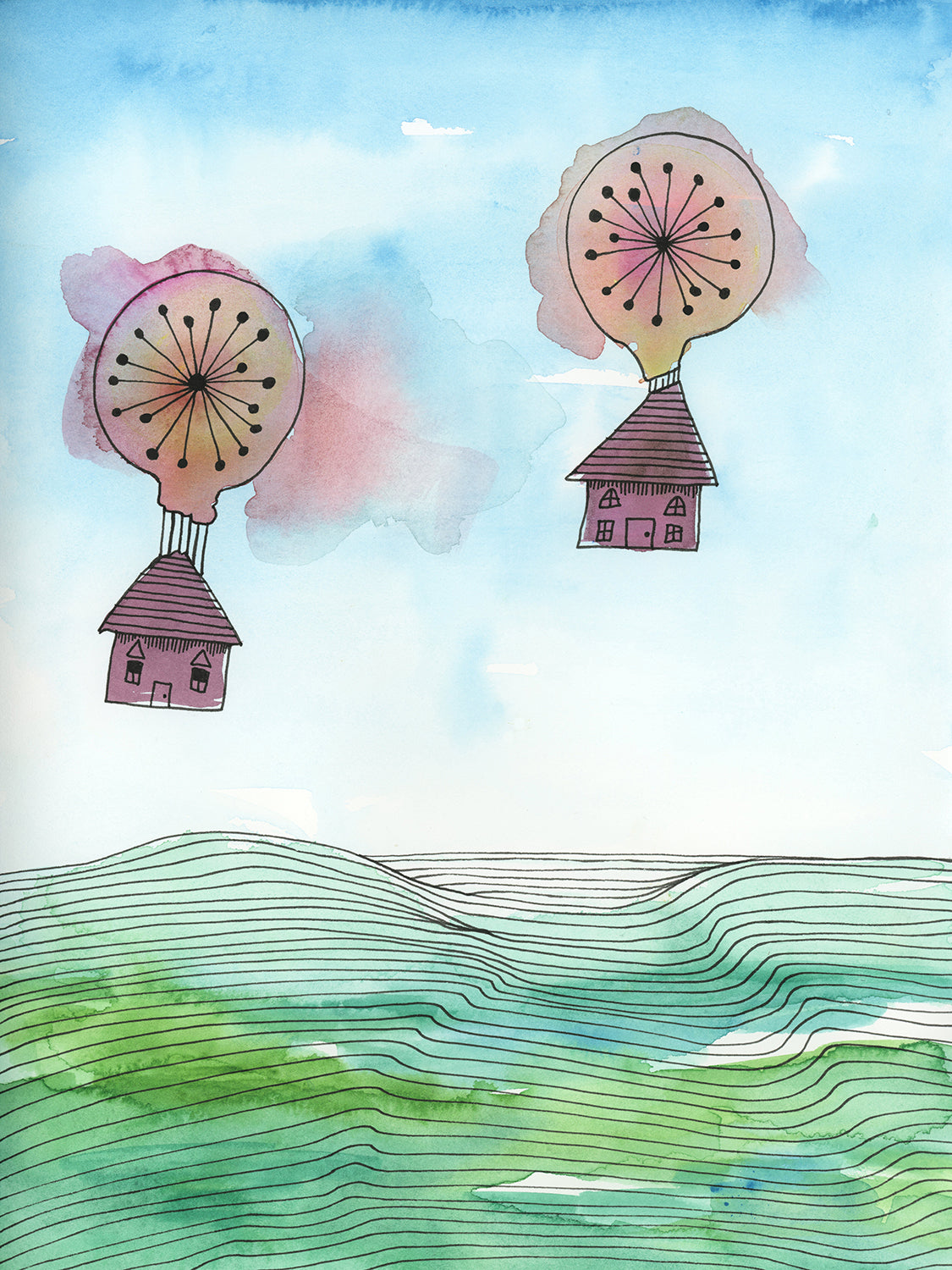 A hot air balloon and house illustration print by Melissa Kircher.