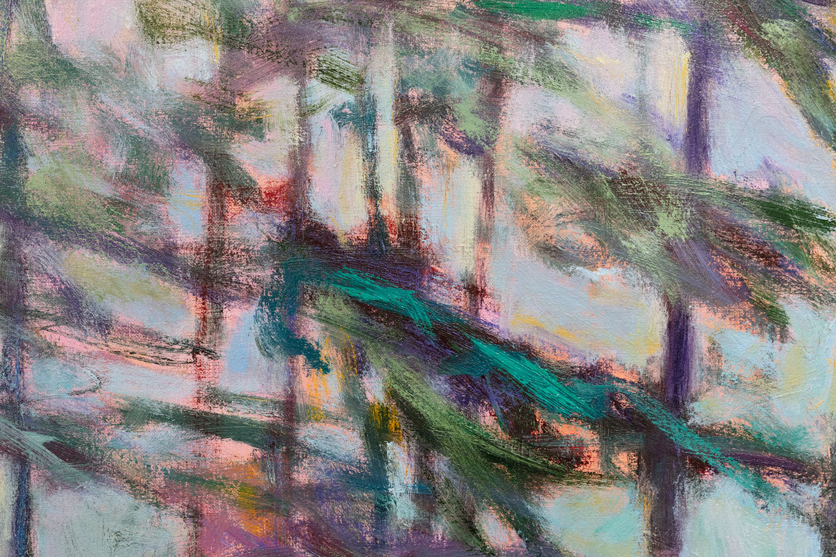 A detail image of an impressionistic landscape painting by Ken Elliott of trees with blue and purple leaves.
