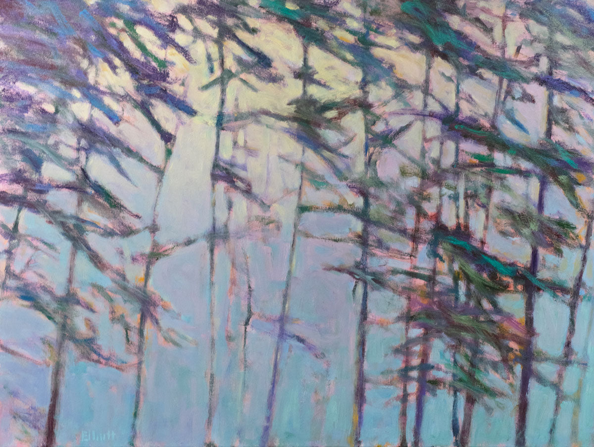 An impressionistic landscape painting by Ken Elliott of trees with blue and purple leaves. A light emerges in the background through the trees.