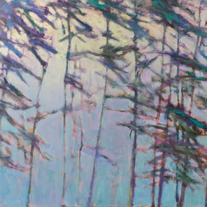 An impressionistic landscape painting by Ken Elliott of trees with blue and purple leaves. A light emerges in the background through the trees.