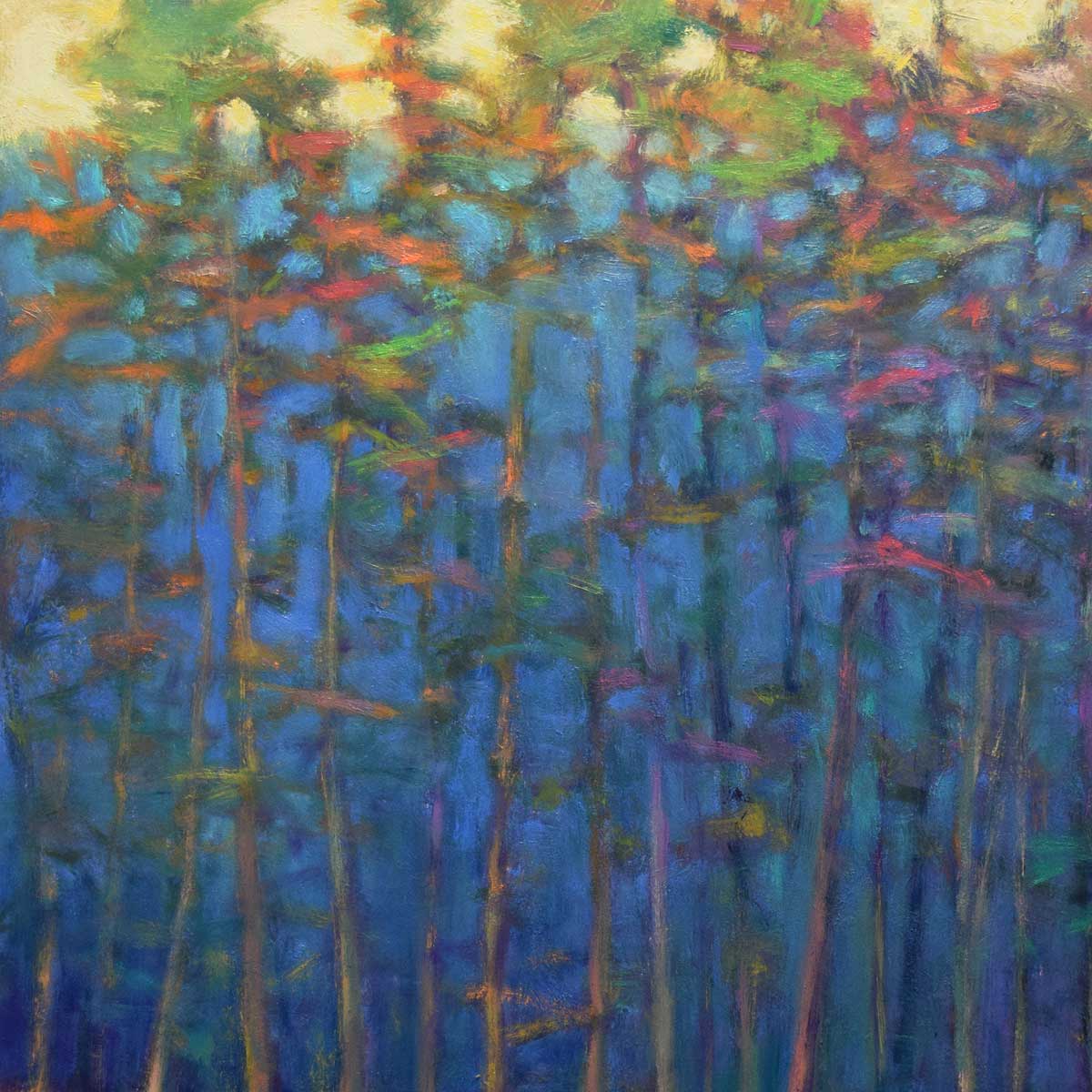 A close up of the tree and their multi-colored leaves against a blue background in Ken Elliott's painting. 