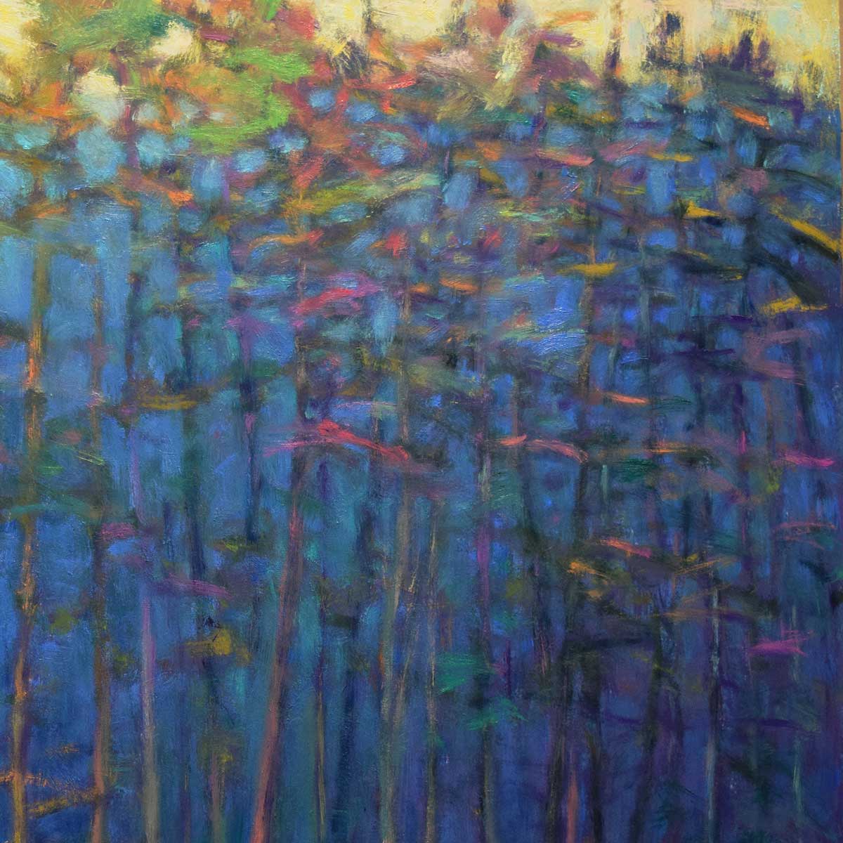 A close up of the tree and their multi-colored leaves against a blue background in Ken Elliott's painting.