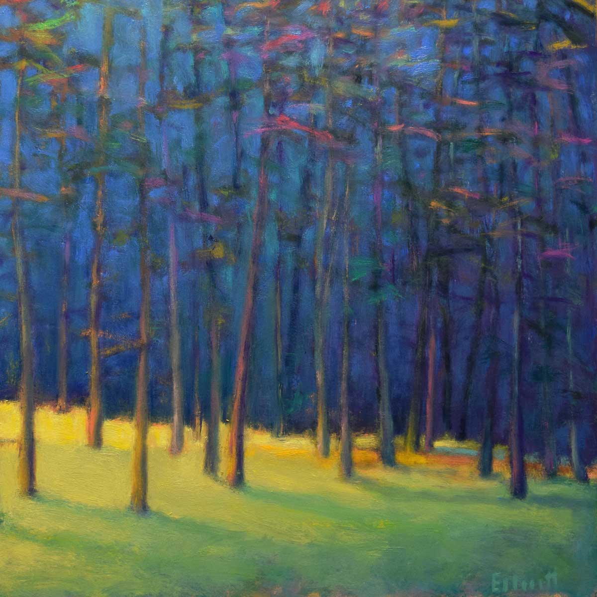 A close up of the bottom of the trees as the sunlight glows on the grass changing from yellow to green in Ken Elliott's painting. 