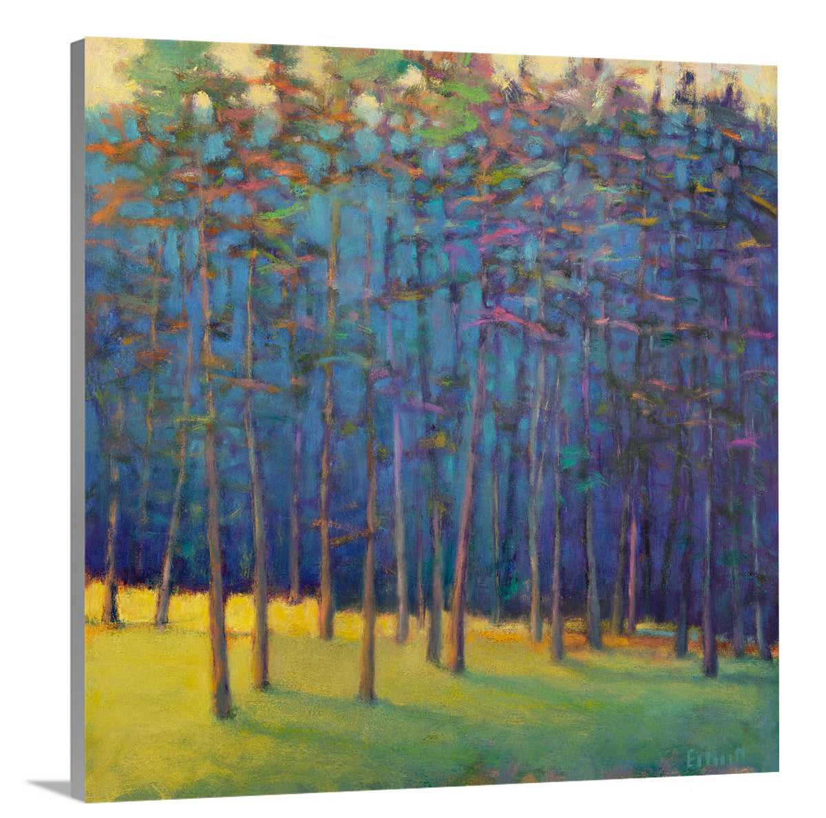 A side-angle view of a blue, green and yellow abstract tree landscape print on canvas.